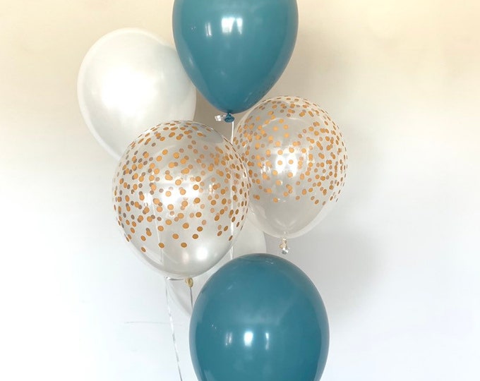 Steel Blue and White Balloons | Blue and Gold Balloons | Something Blue | Gold Bridal Shower Decor | Dusty Blue Baby Shower