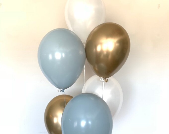Fog Blue and Gold Balloons | Blue and White Balloons | Beach Bridal Shower | Dusty Blue Baby Shower Decor