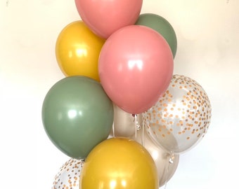 Eucalyptus and Mustard Balloons | Boho Rainbow Balloons | Spring Wedding Decor | Mustard and Rosewood Balloons