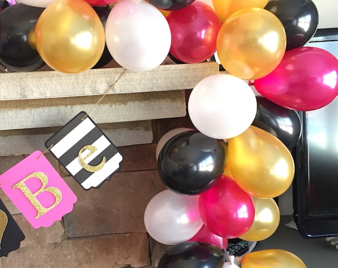 Kate Spade Balloons | Kate Spade Balloon Garland | Hit Pink and Black Balloon Garland | Kate Spade Bridal Shower Decor | Pink and Gold Garla