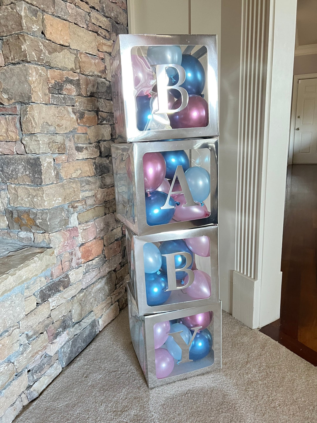 Cajas de bebé plateadas con letras para baby shower | 79 piezas | Juego de  4 bloques de bebé para baby shower, globos y letras de bebé | Cajas de