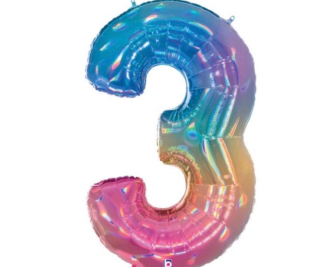 Holographic Opal Number 3 Balloon | Rainbow Third Birthday Balloons | Mylar Number Balloons | Large Foil Balloons | Rainbow Three Balloons