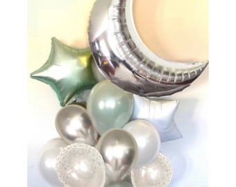 Twinkle Little Star Balloons | Twinkle Little Star Baby Shower Decor | Sage Green Balloons | Silver Sage Green & White Balloons