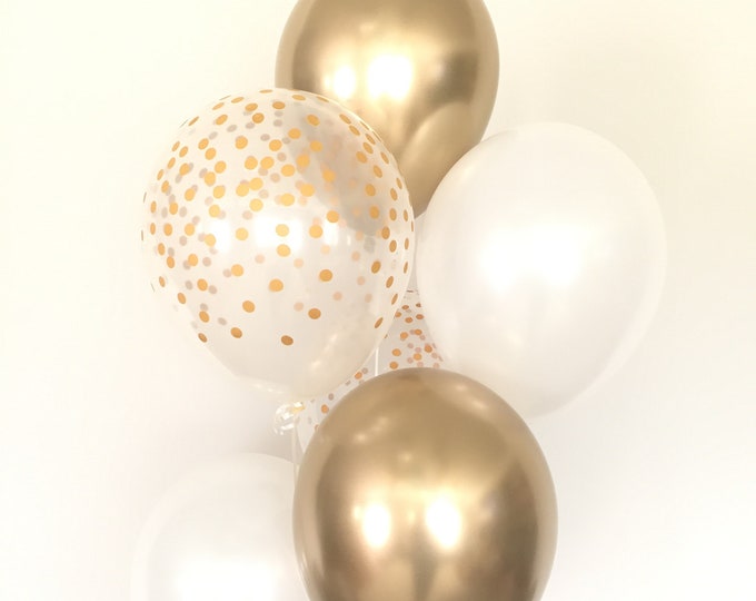 White and Gold Balloons | Gold Confetti Balloons | White Balloons | Chrome Gold Balloons | White and Gold Bridal Shower Decor | Wedding