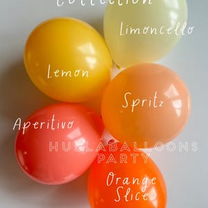 Op de afbeelding: Een verzameling kleurrijke ballonnen in geel, oranje en rood. Elke ballon heeft een smaaknaam erop: Citroen, Limoncello, Spritz, Aperitivo en Sinaasappelschijf. De tekst "The Feeling Spritzy Collection" staat bovenaan.