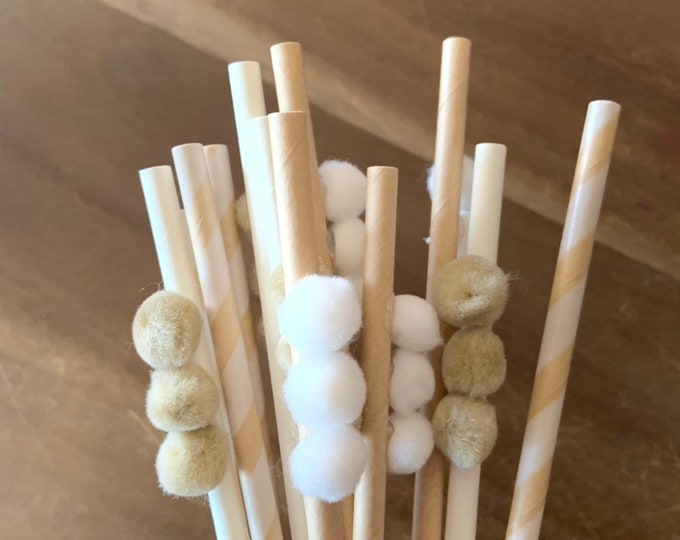 Pom Pom Straws | Neutral Party Decor | Rustic Bridal Shower Decor | Tan and White Baby Shower Decor | Natural Paper Straws