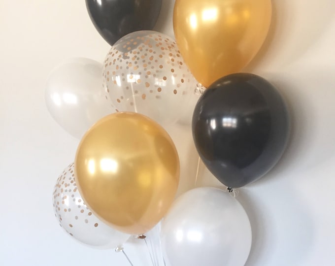 Black and Gold Balloon Bouquet | Black and White Balloon Bouquet | Black and Gold Balloons | Gold Confetti Balloons