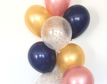 Rose Gold Balloon Bouquet | Navy, Gold Confetti Balloons