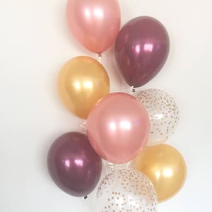 Rose Gold Balloon Bouquet | Rose Gold and Burgundy Balloon Bouquet | Rose Gold Balloons | Rose Gold Bridal Shower Decor | Rose Gold Wedding