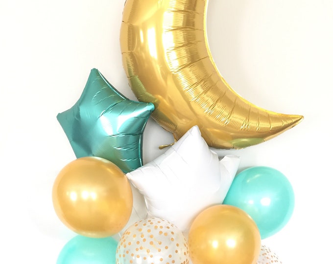 Twinkle Little Star Balloons | Mint and Gold Twinkle Little Star Baby Shower Decor | Moon and Star Balloons | Gender Reveal Balloons