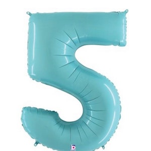 May include: A large, light blue, foil number 5 balloon. The balloon is inflated and ready to be used for a party or celebration.