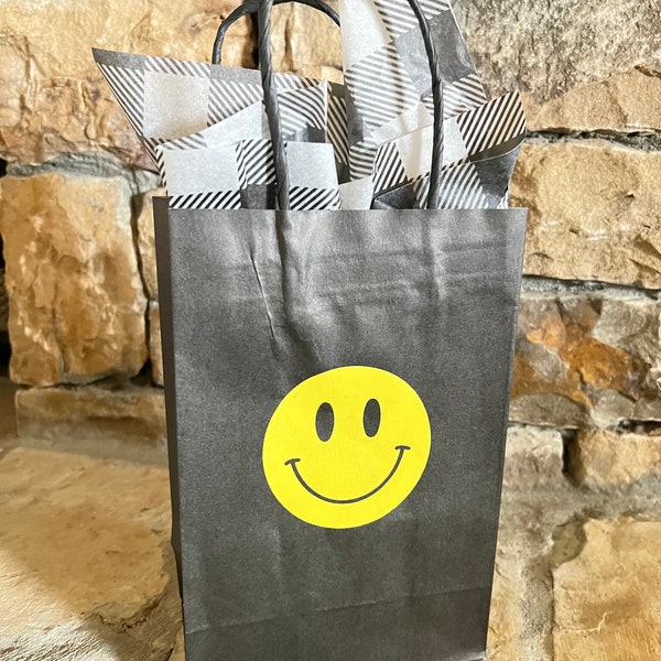 Smiley Face Gift Bags | 5.25” x 3.5” x 8.25” Sized Black Bags | Cool Dude Favor Bags | One Happy Dude Baby Shower Favor Bags | First Birthda