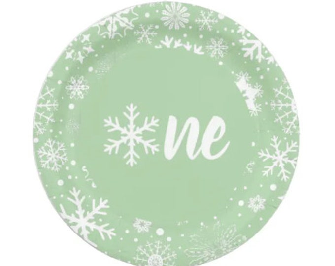 Sage Winter First Birthday Plates | Green Snowflake First Birthday | Baby It’s Cold Outside Plates Luncheon | Winter ONEderland Birthday