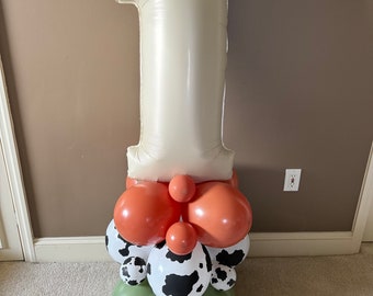 Green Cow Print Balloon Tower Kit | First Rodeo Barnyard Balloon Tower | Green and Burnt Orange Balloon Display | Barnyard Birthday Balloons