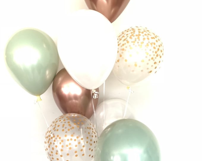 Sage Green Balloons | Light Green Wedding Decor | Green and Rose Gold Balloons | Chrome Rose Gold Balloons |Sage Green Bridal Shower Decor