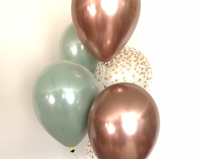 Sage Green Balloons | Light Green Wedding Decor | Green and Rose Gold Balloons | Chrome Rose Gold Balloons | Sage Green Bridal Shower Decor