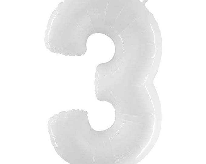 White Number 3 Balloon | White Third Birthday Balloons | Mylar Number Balloons | Large Foil Balloons | White Three Balloons