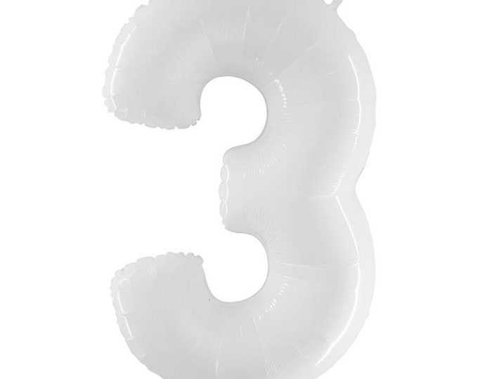 White Number 3 Balloon | White Third Birthday Balloons | Mylar Number Balloons | Large Foil Balloons | White Three Balloons