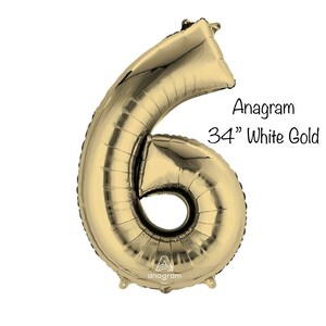 White Gold Number 6 Balloon | Gold Sixth Birthday Balloons | Mylar Number Balloons | 34” Large Foil Balloons | White Gold Six Balloons