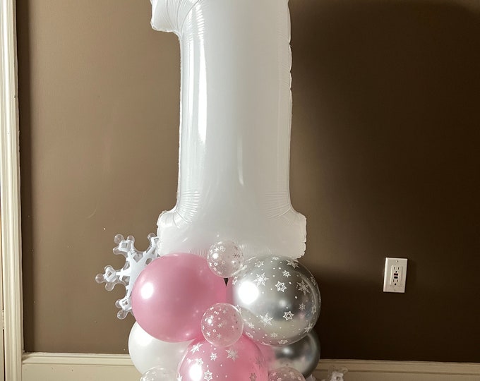 Pink Snowflake Number Balloon Tower Kit | Winter Wonderland Birthday Decor | Snow Much Fun Balloon Display | Pink Winter ONDerland |