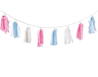 Pink, Blue & White Tassel Garland: Gender Reveal Baby Shower Decor