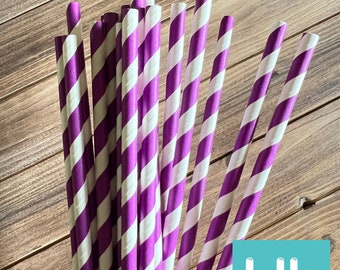 Pajitas moradas / Decoración de fiesta morada y blanca / Pajitas de papel a rayas moradas / Decoración morada para despedida de soltera / Decoración morada para baby shower
