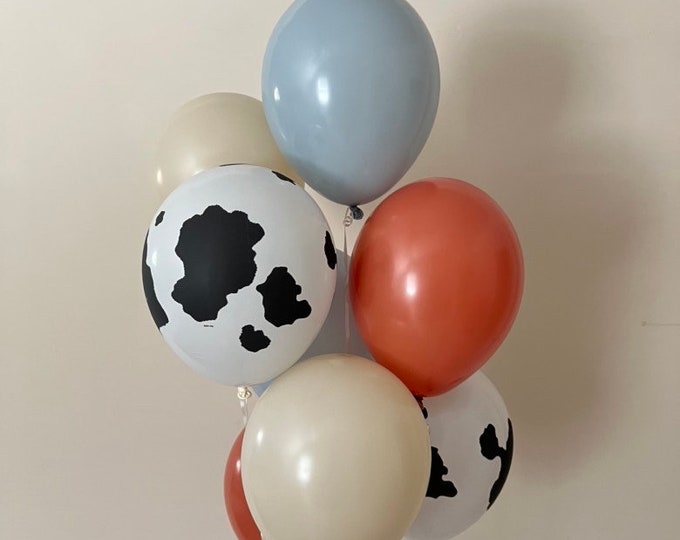 Barnyard Balloons | Fog and Burnt Orange Barnyard | Farm Birthday Balloons | Barnyard Birthday Balloons | Cow Print Balloons | First Rodeo