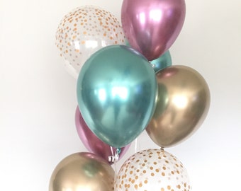 Chrome Balloon Bouquet, Mauve, Mint, Gold Confetti Balloons