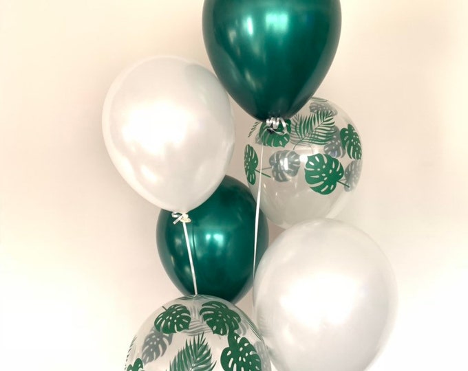 Tropical Balloons | Green Leaf Balloons | Green and White Balloons |  Hawaiin Bridal Shower Decor | Lets Flamingle Party | Monstera Leaves