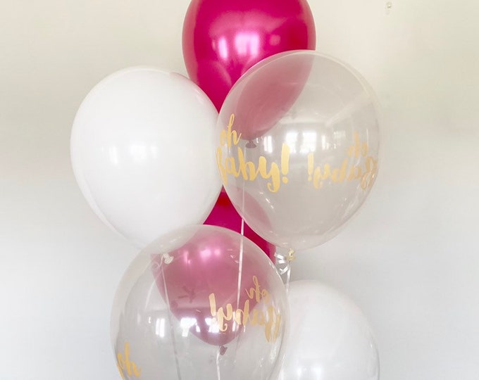 Oh Baby Balloons | White and Pink Balloons | Gender Reveal Balloons | Gender Reveal Baby Shower Balloons | Hot Pink Baby Shower Decor