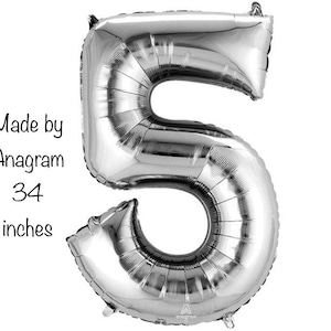 Silver Number 5 Balloon | Fifth Birthday Balloons | Mylar Number Balloons | Large Foil Balloons | Milestone Birthday Balloons