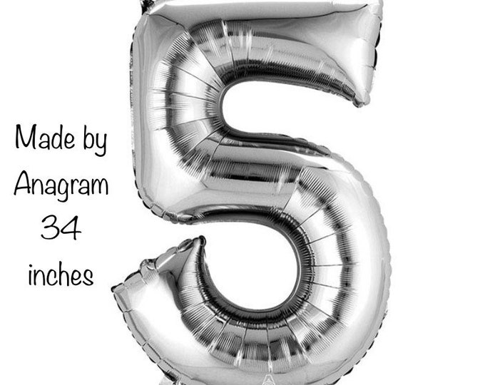 Silver Number 5 Balloon | Fifth Birthday Balloons | Mylar Number Balloons | Large Foil Balloons | Milestone Birthday Balloons