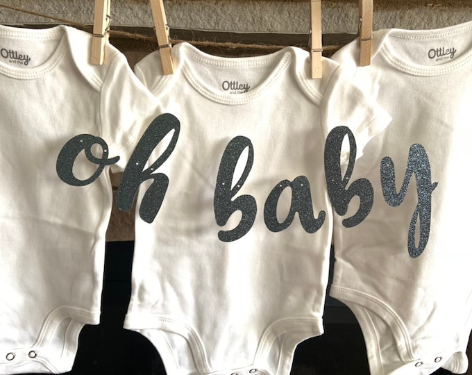 Dusty Blue Oh Baby Banner | Blue Baby One-Piece Set | It’s A Boy Baby Shower Backdrop | White Baby Bodysuit Gift