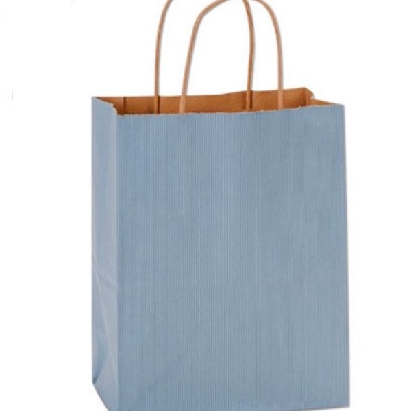 Dusty Blue Gift Bags | 8” x 4.75” x 10” Sized Dusty Blue Bags | Blue Kraft Shadow Stripe Shopping Bags | Dusty Blue Bridal Shower Favor Bags