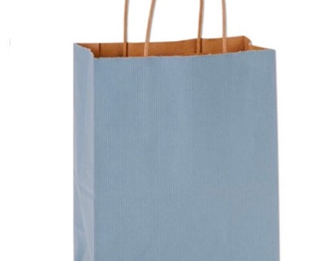 Dusty Blue Gift Bags | 8” x 4.75” x 10” Sized Dusty Blue Bags | Blue Kraft Shadow Stripe Shopping Bags | Dusty Blue Bridal Shower Favor Bags