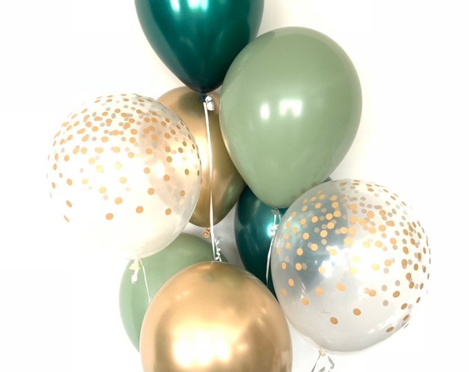 Green and Gold Balloons | Light Green Wedding Decor | Gold and Green Balloons | Eucalyptus Balloons | Dark Sage Green Bridal Shower Decor