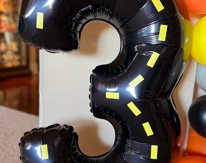 Construction Black Number 3 Balloon | Third Birthday Balloons | Construction Birthday Party Three Balloon with Stickers | Terrible 3’s Ahead