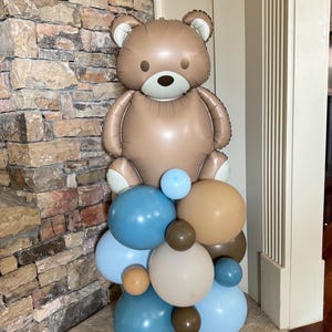 Teddy Bear Balloon Tower Kit | Beary First Birthday Balloon Tower | Blue Beige and Brown Balloon Display | Teddy Bear Birthday Balloons