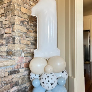 Paw Print Balloon Tower Kit | Dog Balloon Centerpiece | Blue and Beige Balloon Display | Dog Fir Birthday Balloons | White Balloon Number