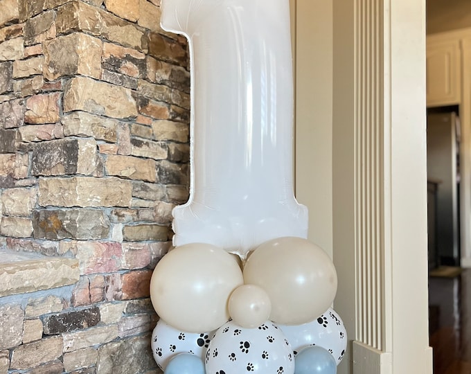 Paw Print Balloon Tower Kit | Dog Balloon Centerpiece | Blue and Beige Balloon Display | Dog Fir Birthday Balloons | White Balloon Number