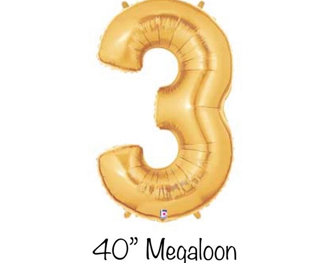 Gold Number 3 Balloon | Gold Third Birthday Balloons | Mylar Number Balloons | Large Foil Balloons | Gold Three Balloons