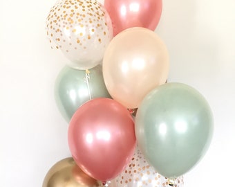 Rose Gold and Sage Green Balloon Bouquet | Party Decor