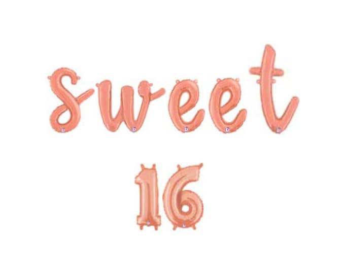 Sweet 16 Balloons | Sweet 16 Birthday Decor | Rose Gold Sweet Sixteen Birthday | Rose Gold Birthday Balloons | Script Balloon Letters