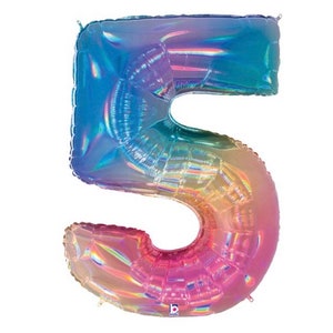 Holographic Rainbow Number 5 Balloon | Rainbow Fifth Birthday Balloons | Mylar Number Balloons | Large Balloons | Holographic Opal Balloons