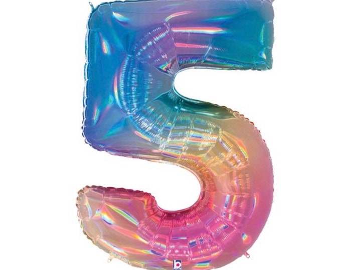 Holographic Rainbow Number 5 Balloon | Rainbow Fifth Birthday Balloons | Mylar Number Balloons | Large Balloons | Holographic Opal Balloons