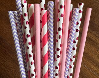 Little Sweetheart Straws | Valentines Day Party Decor | Heart Bridal Shower Decor | Pink and Lavender Baby Shower Decor | Heart Paper Straws