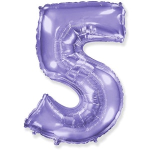 May include: A large, shiny, lavender-colored foil balloon shaped like the number 5.