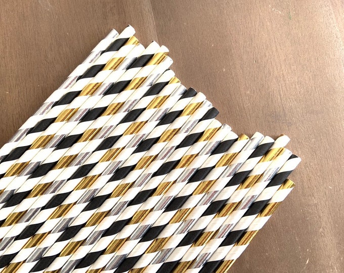 Black and Gold Straws | Silver and Gold Party Decor | Black Tie Party Straws | New Year's Eve Party Decor | Gold Birthday Party Straws