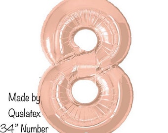 Rose Gold Number 8 Balloon | Eighth Birthday Party Decor | 34" Mylar Number Balloons | Large Foil Balloons | Rose Gold Eighth Birthday Ballo