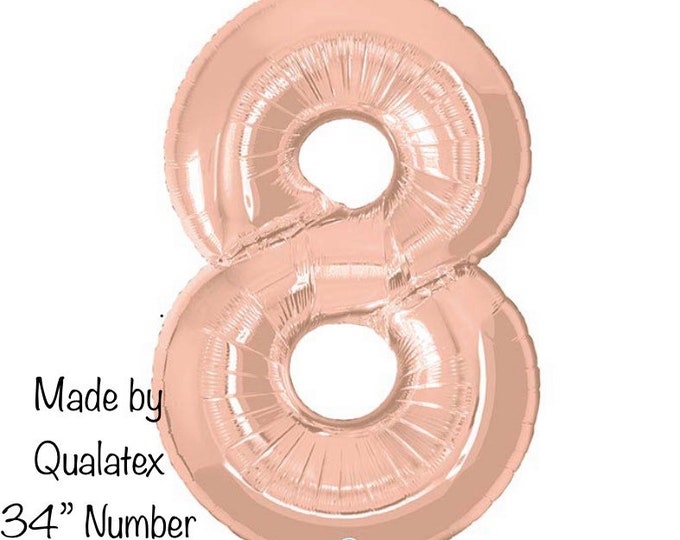 Rose Gold Number 8 Balloon | Eighth Birthday Party Decor | 34" Mylar Number Balloons | Large Foil Balloons | Rose Gold Eighth Birthday Ballo